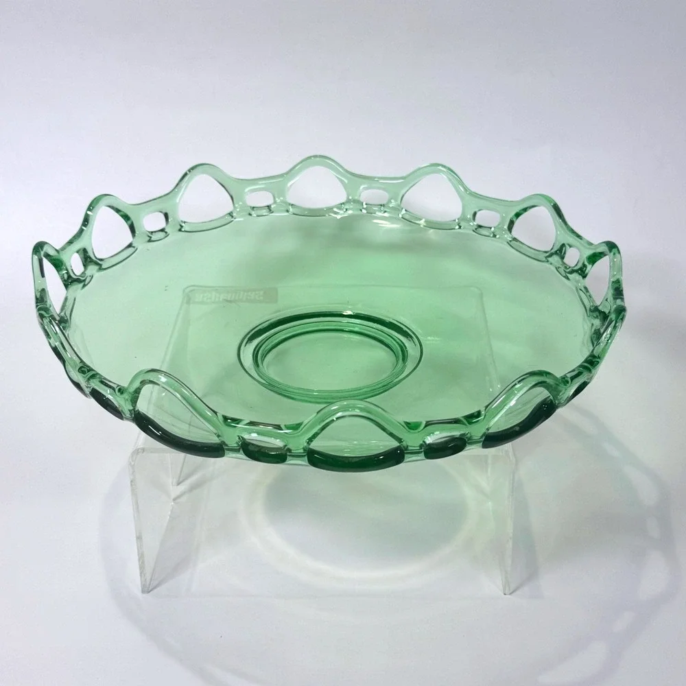 Vintage Green Uranium Glass Bowl Open Lace Edge Depression Glass Glows UV 11.5in